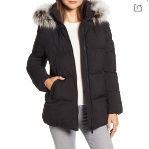 New Sam Edelman black puffer coat faux fur hood Sz small